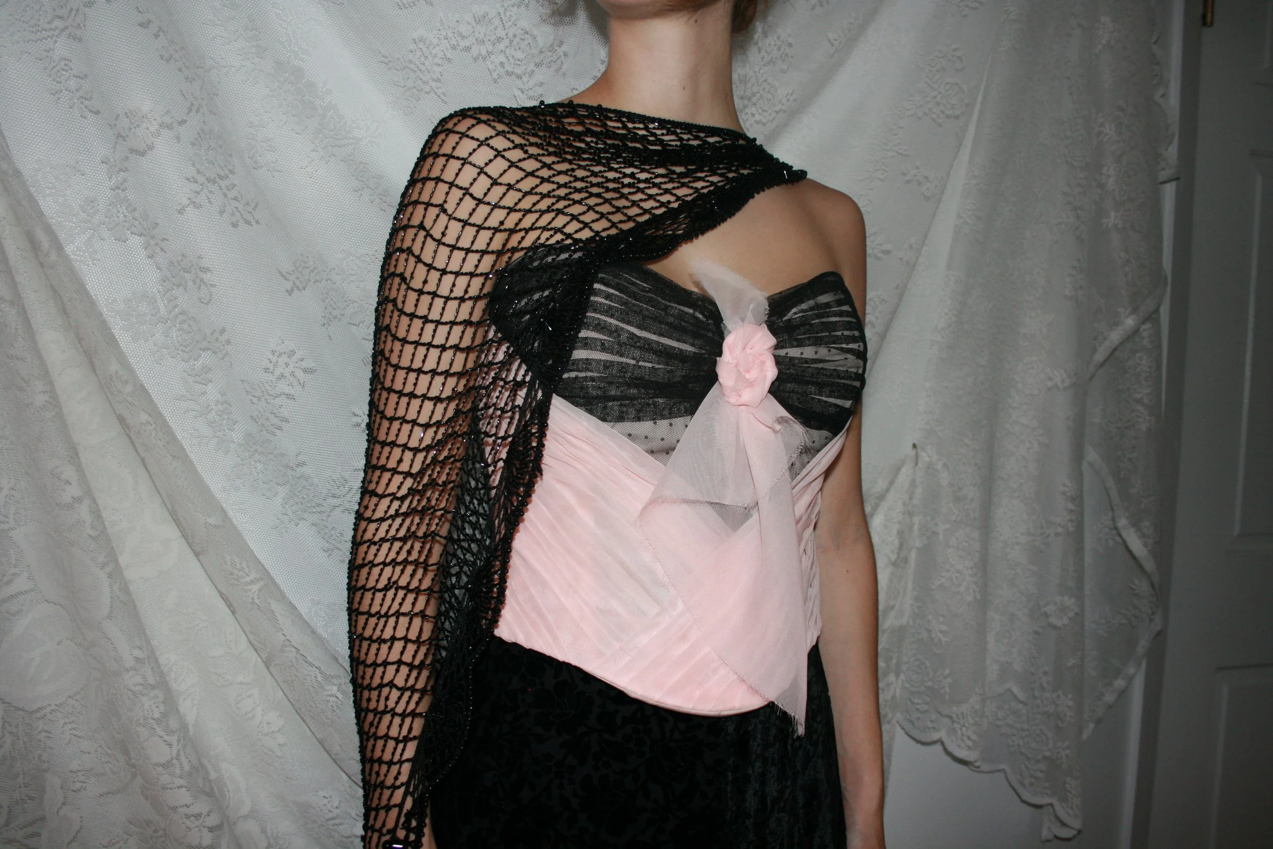 french lining bustier with hand sewn fluting and ruching. China silk base, Poly-chiffon and swiss dot mesh