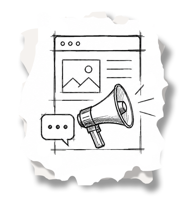 Sketch of a web page layout with a photo icon, a speech bubble, and a megaphone on a torn paper background.