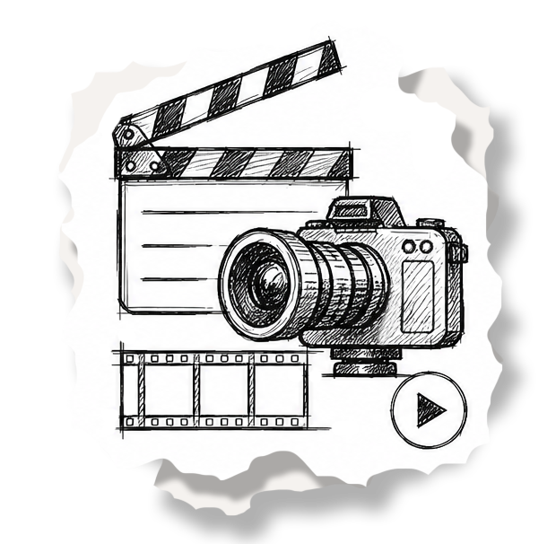 A sketch of a movie camera with a filmstrip, clapperboard, and a play button on a torn piece of paper.