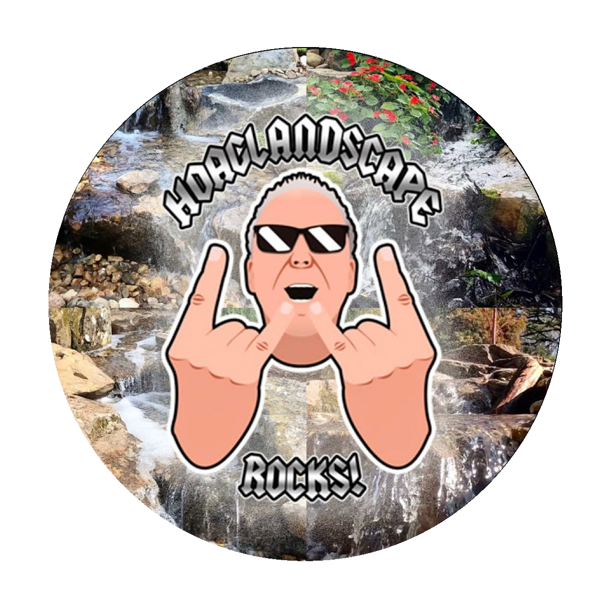 A cartoon character making a rock and roll gesture with both hands, wearing sunglasses with a mountain stream and plants in the background, with the text 'Højlandscape Rocks!'.