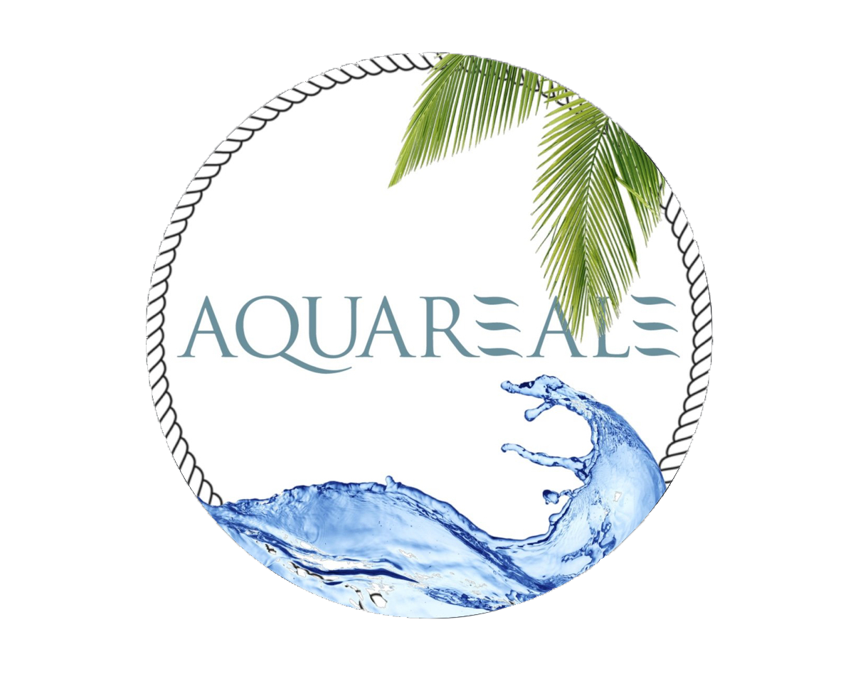 Logo featuring the word 'AQUAREAL' with a palm leaf at the top and a wave at the bottom.