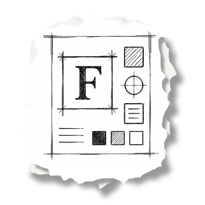 A hand-drawn design sketch of a graphic user interface, including a large letter "F" in the center, a square, a circle with crosshairs, a rectangle with three lines, and various smaller squares and lines.