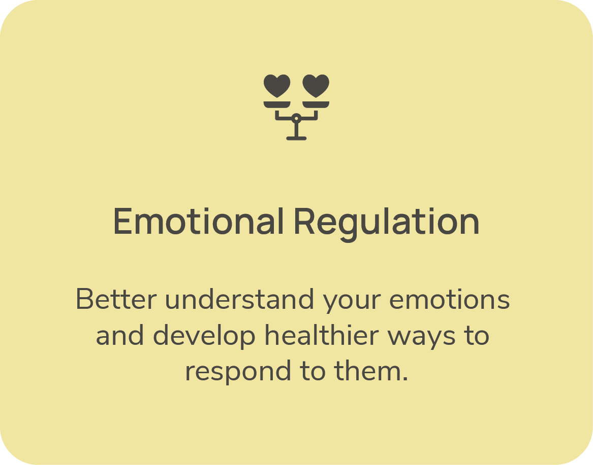 A yellow graphic with a face made of minimalist lines and hearts for eyes, along with the text 'Emotional Regulation: Better understand your emotions and develop healthier ways to respond to them.'
