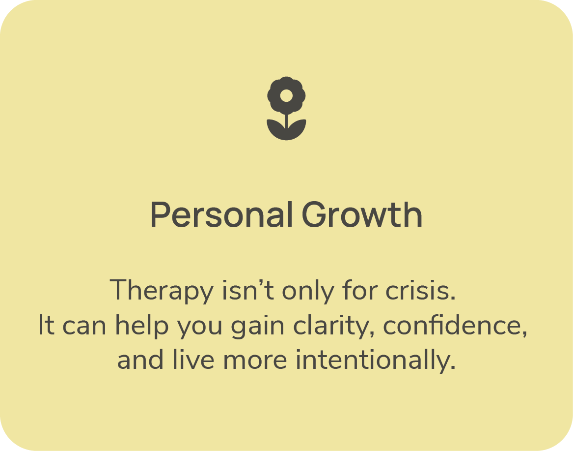 A motivational card with a black flower icon at the top, light yellow background, and text about personal growth and therapy for clarity, confidence, and intentional living.