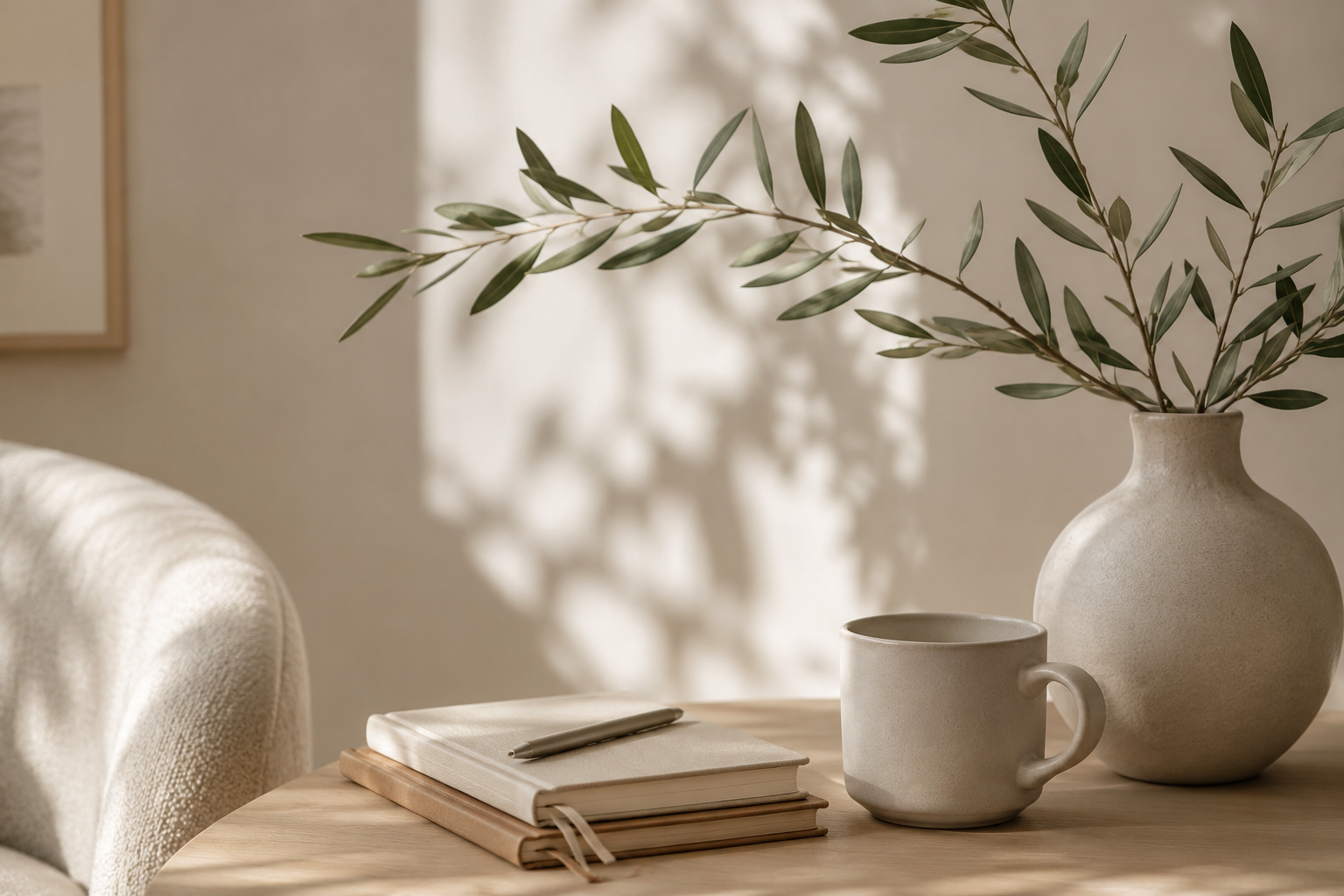 A beige tabletop with a closed notebook, a pen, a ceramic mug, and a large beige vase with green leafy branches. In the background, a cream-colored wall and a framed picture are visible.
