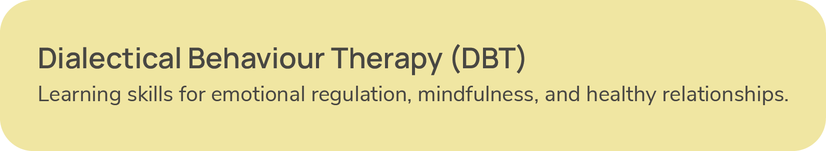 Yellow background with black text reading "Dialectical Behavior Therapy (DBT)" and subordinate text "Learning skills for emotional regulation, mindfulness, and healthy relationships."