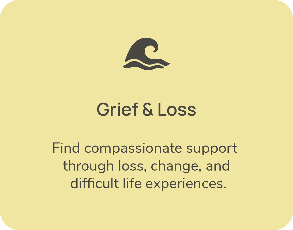 An informational graphic with a black wave icon at the top, displaying the words "Grief & Loss." The subtitle reads "Find compassionate support through loss, change, and difficult life experiences," on a light yellow background.