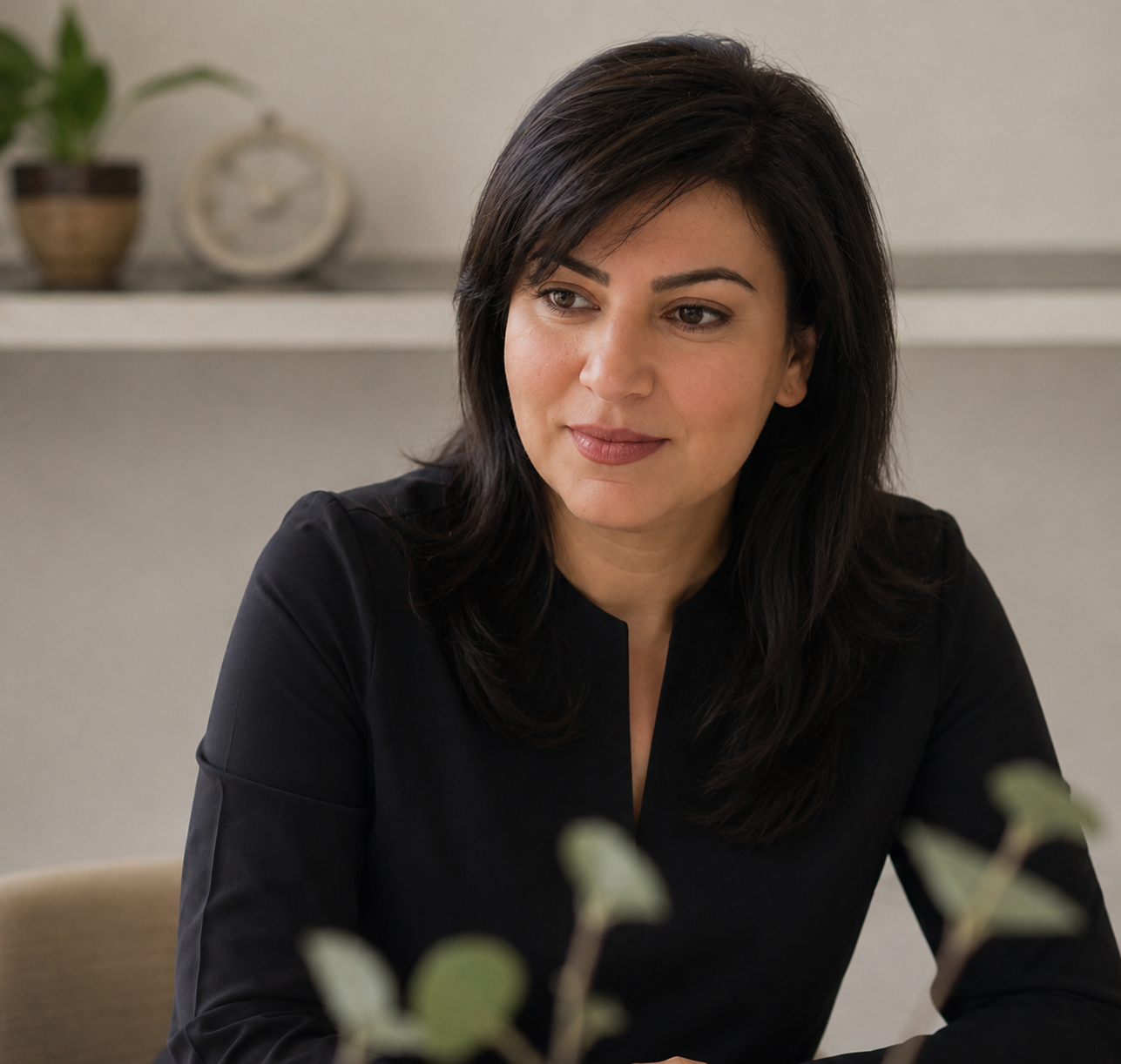 A woman with shoulder-length dark hair wearing a black top, sitting at a table in a neutral-colored room with a plant, clock, and shelf in the background.