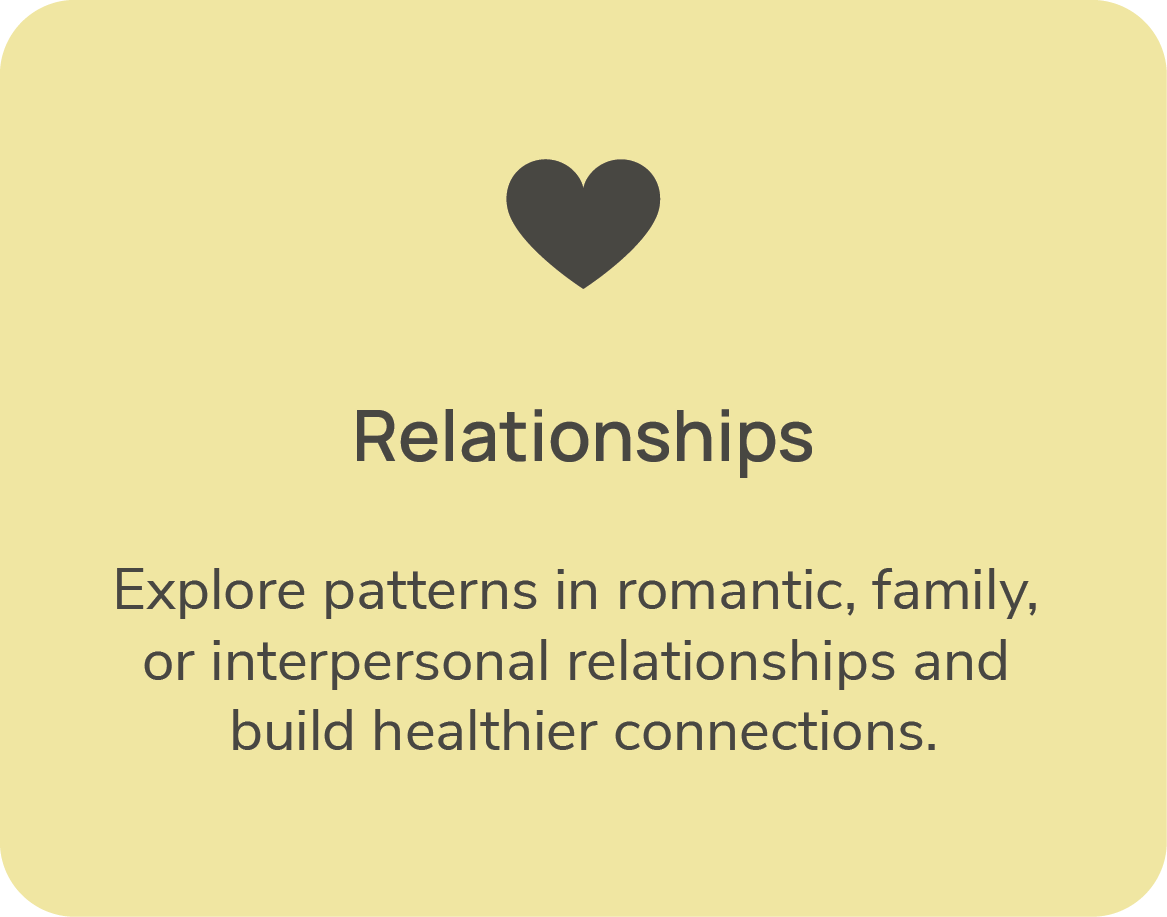 A pale yellow background with a black heart icon at the top; centered text reads "Relationships" followed by a description about exploring patterns in romantic, family, or interpersonal relationships and building healthier connections.