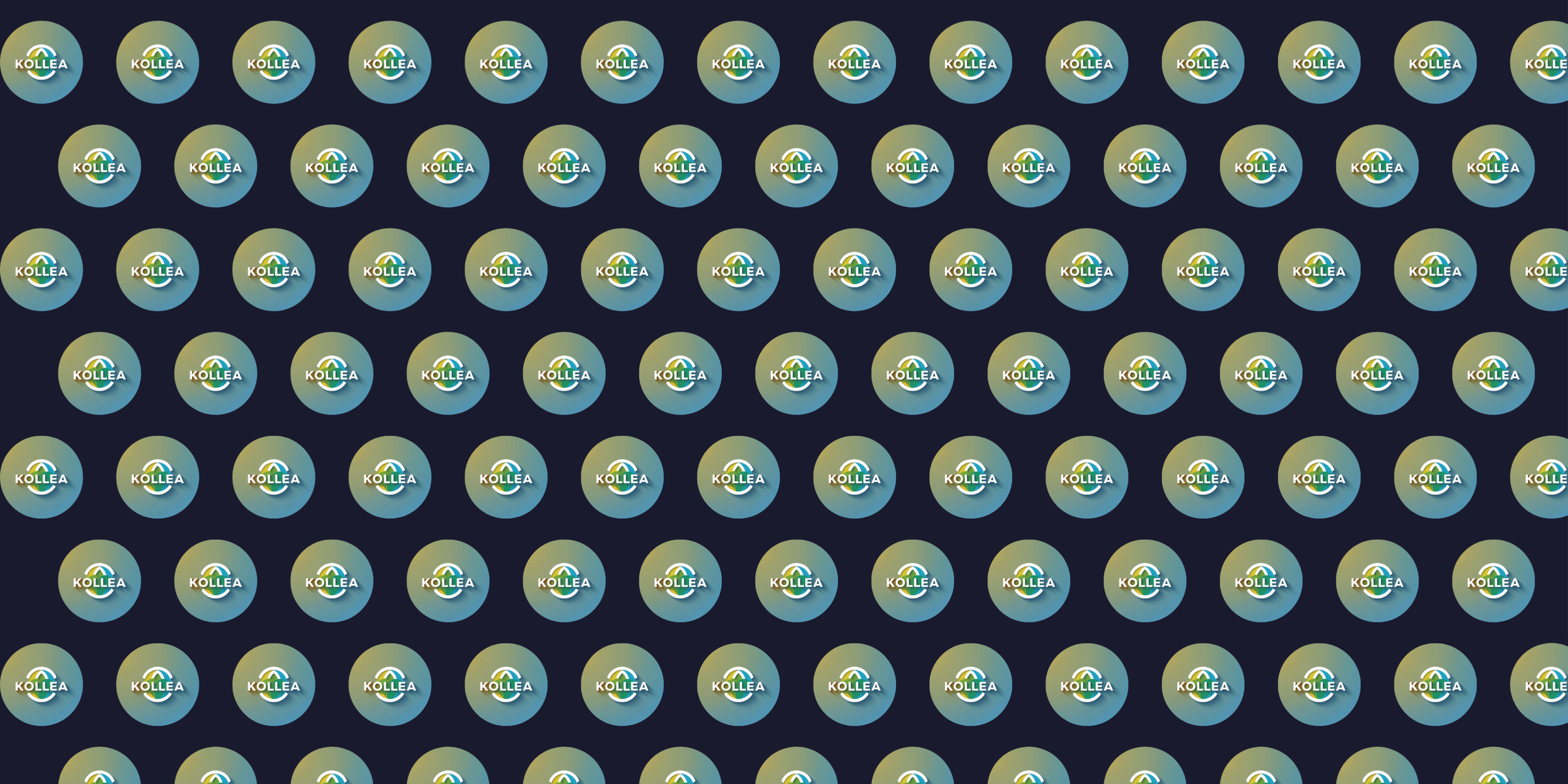 Multiple circular logos with the word 'KOLLEA' and a rainbow-colored arch pattern on dark background.