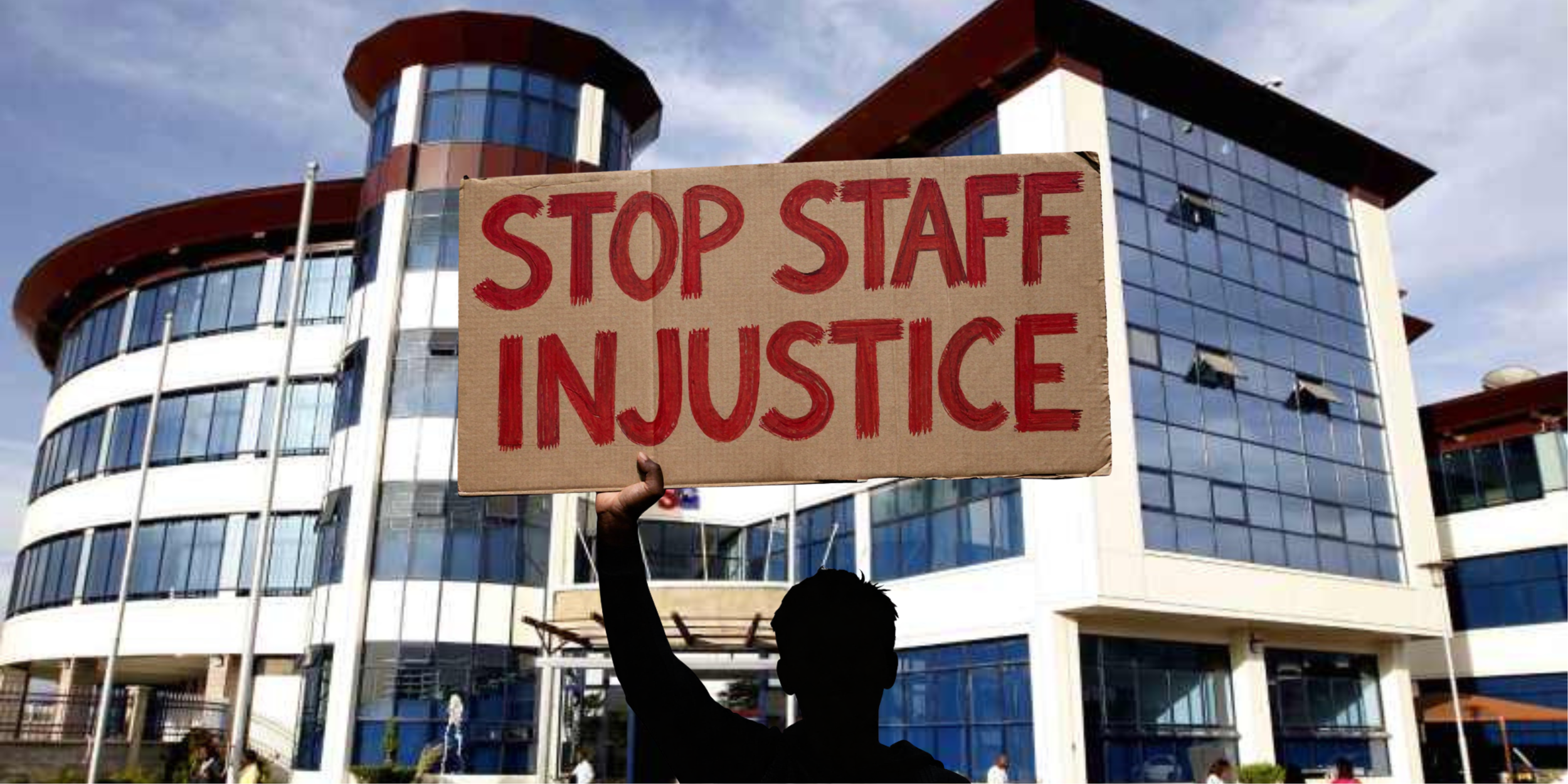 Standard Group offices with poster displaying words stop staff injustice