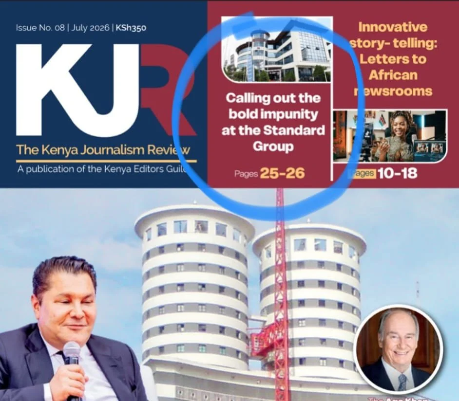 An image of a screenshot of Kenya Journalism Review (KJR) magazine with the story titled, Calling out the bold impunity at the Standard Group highlighted