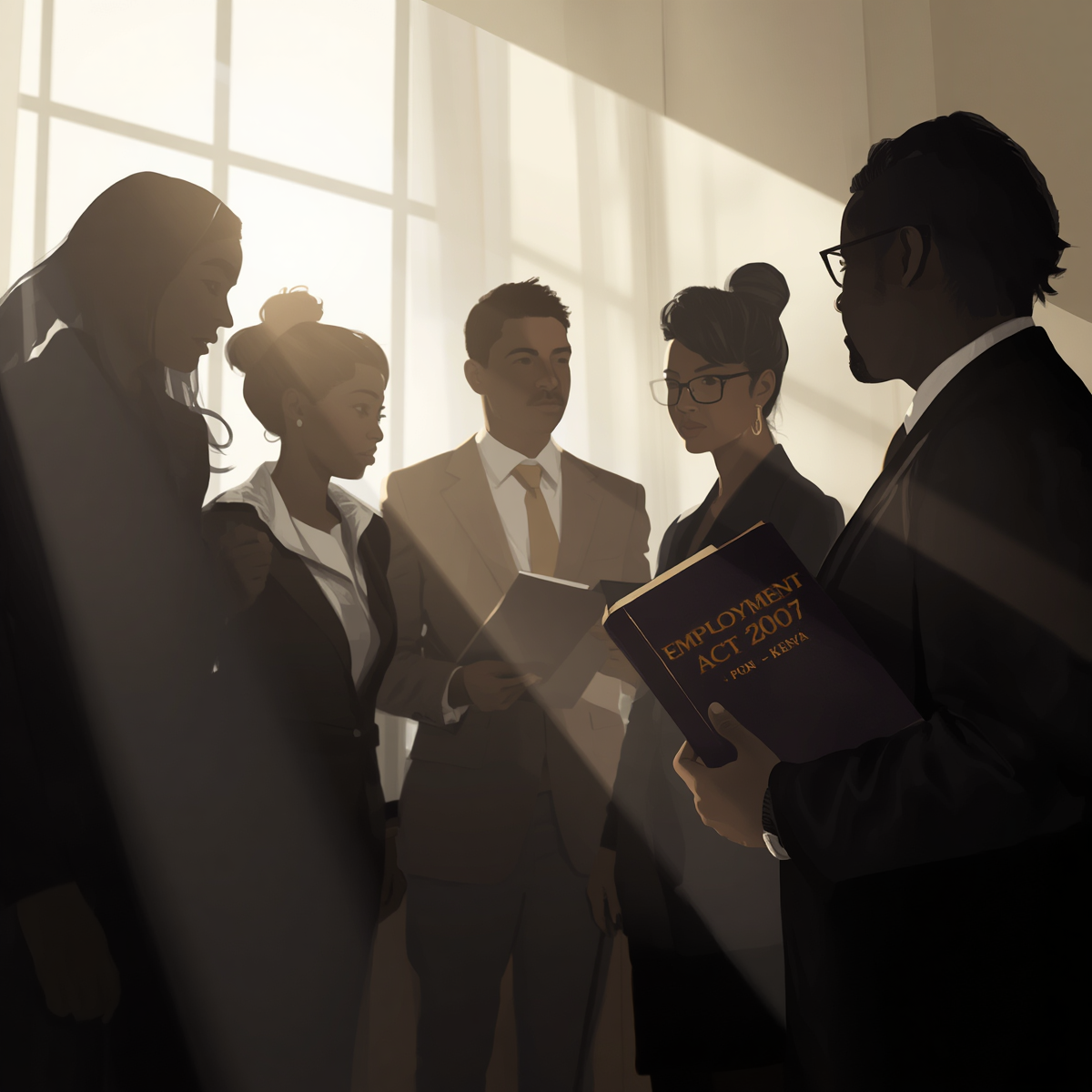 Silhoutte of a lawyer talking employees.