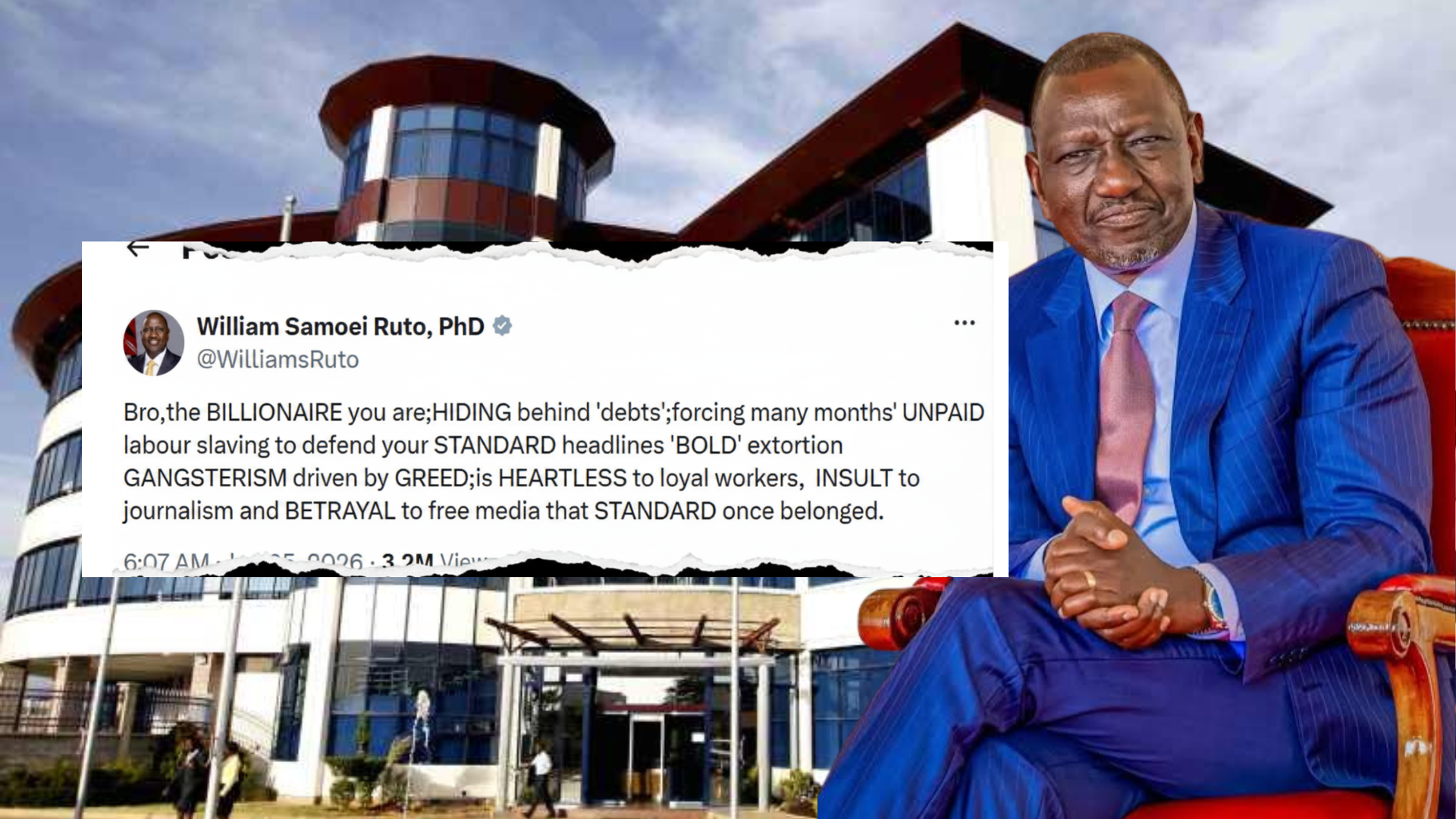 A man in a blue suit and maroon tie in front of an office building with an excerpt of a tweet