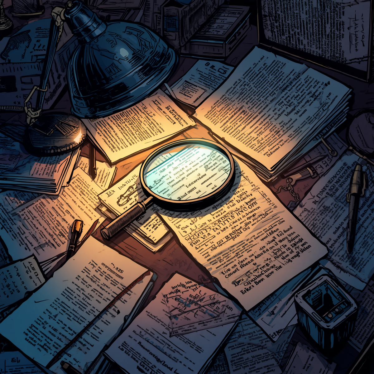 Magnifying glass on top of a stark of papers with a light shinning on the glass