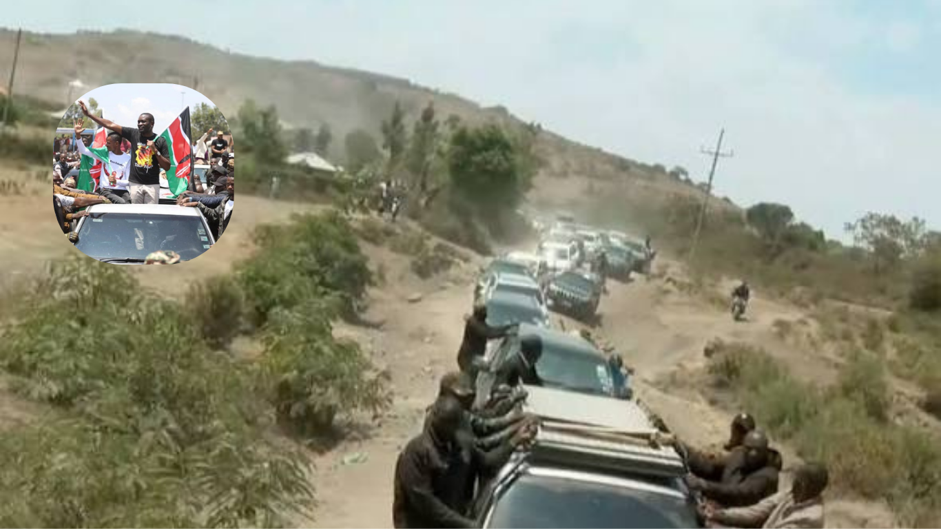 A convoy of vehicles carrying Linda Mwananchi supporters drives along a dusty, unpaved road in a rural area. An inset image shows a man standing through a vehicle’s sunroof and waving a Kenyan flag during a political rally.