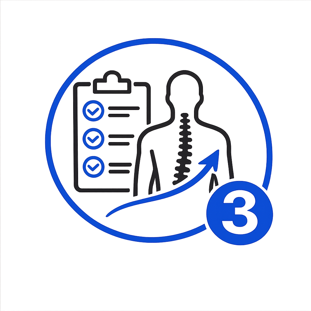 Neon sign depicting human spine and checklist, with a number 3 and arrow indicating improvement or progress in spinal health or therapy.