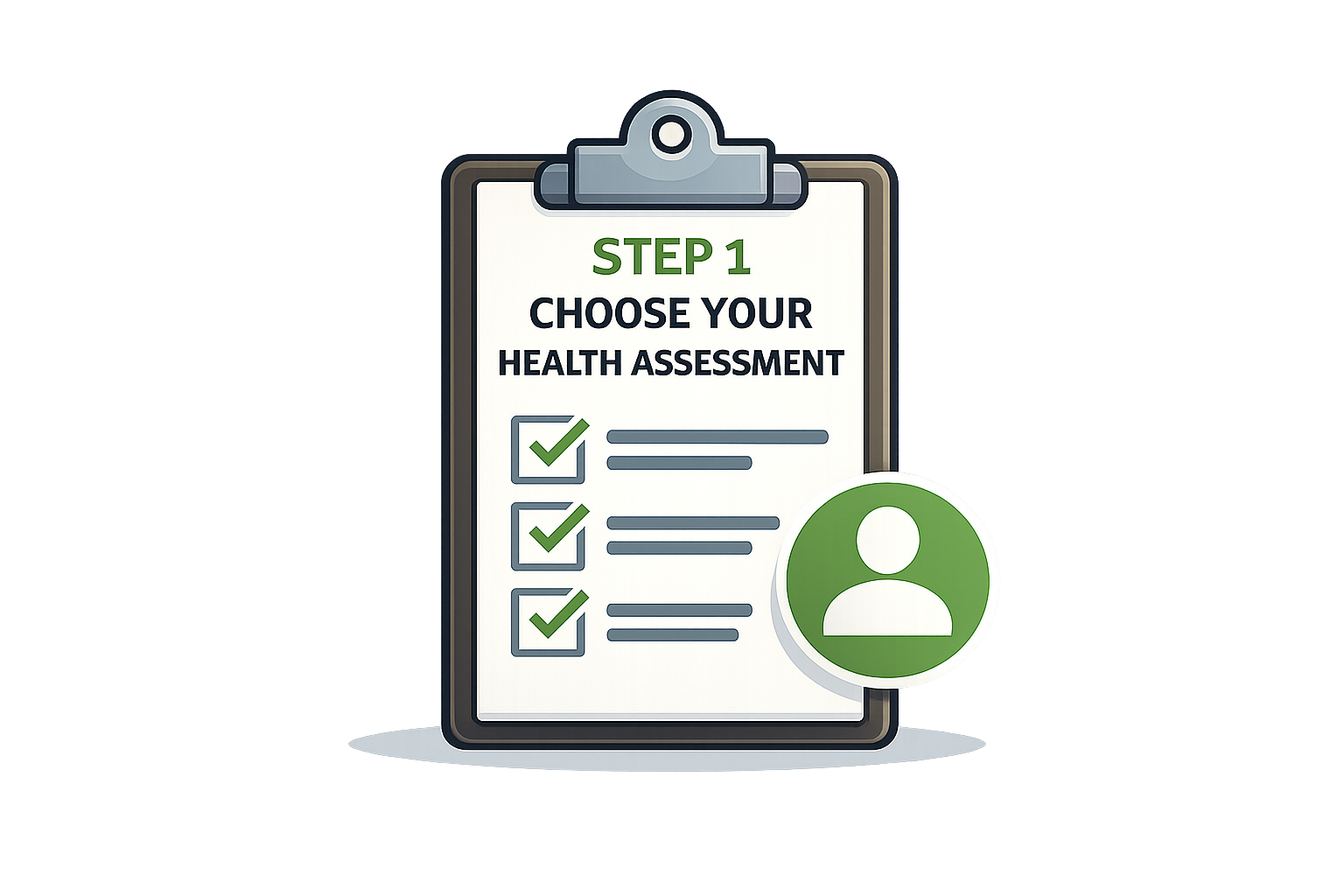 Clipboard with the text 'Step 1 Choose Your Health Assessment' and checkboxes with ticks, accompanied by a green user icon.