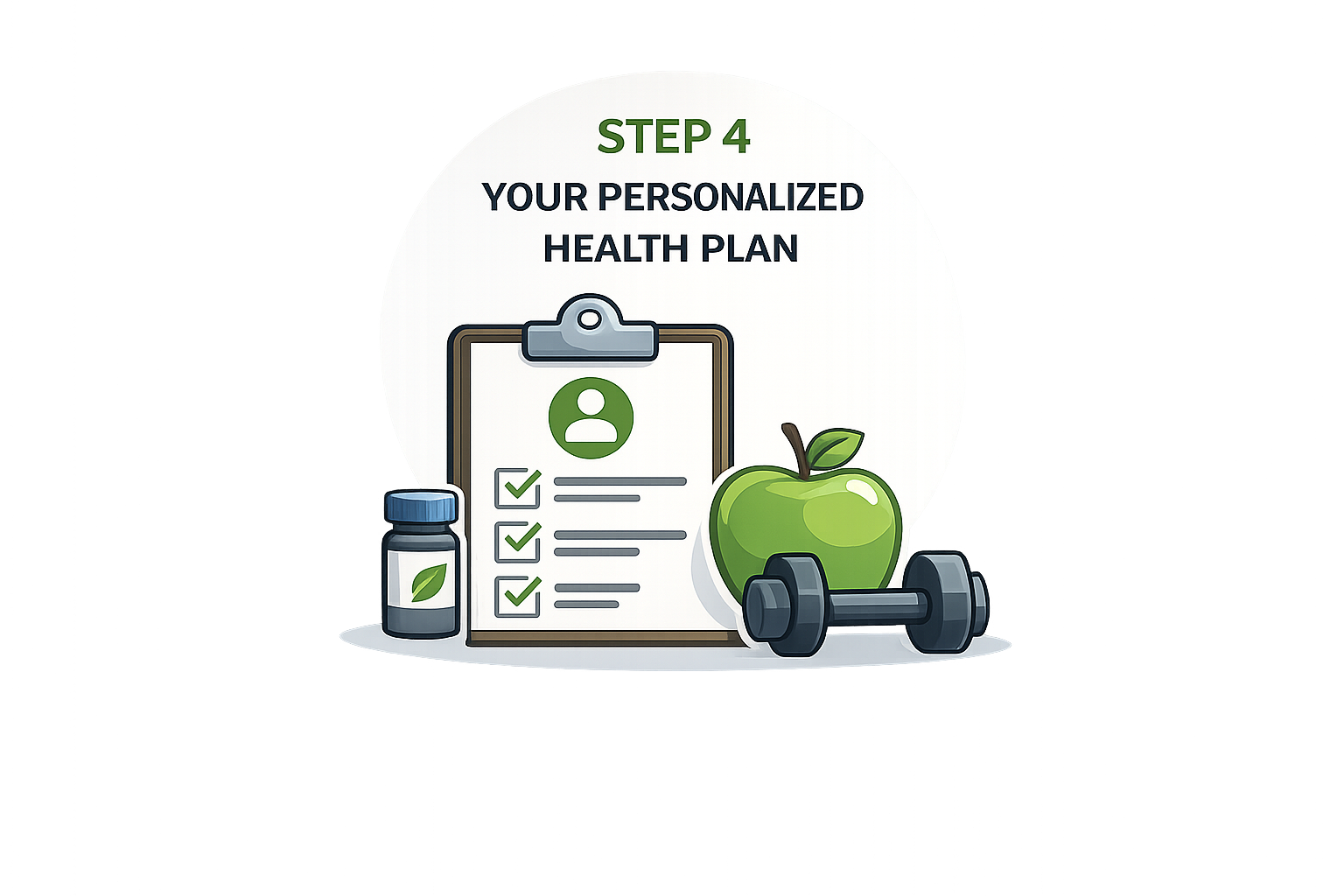 A health plan promotion with a clipboard showing a person icon and checkmarks, a small bottle with a leaf label, a green apple, and a dumbbell.