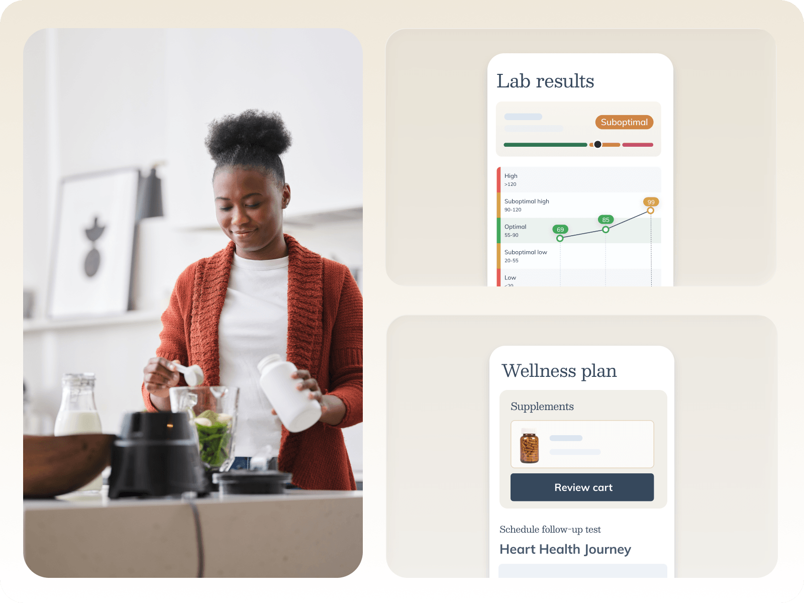 A woman preparing a healthy smoothie or salad in a modern kitchen, with supplement bottles on the table. Digital health app screens showing lab results, wellness plan, and heart health journey are displayed on the right.