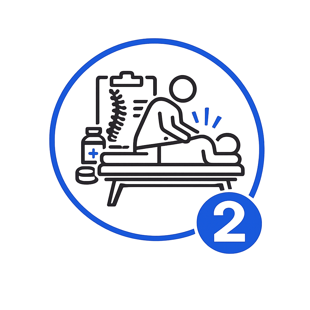 Neon sign depicting a physical therapy session with a person on a treatment table, medical supplies, and a spine illustration, with the number 2.