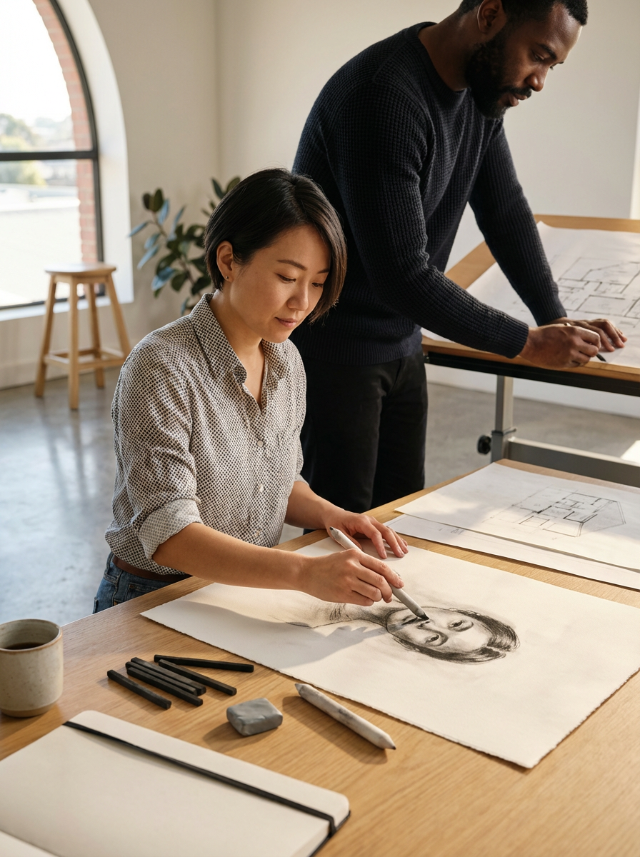 A woman is drawing a portrait with charcoal on paper while a man stands nearby reviewing architectural sketches on a drawing table in a bright room with large windows.