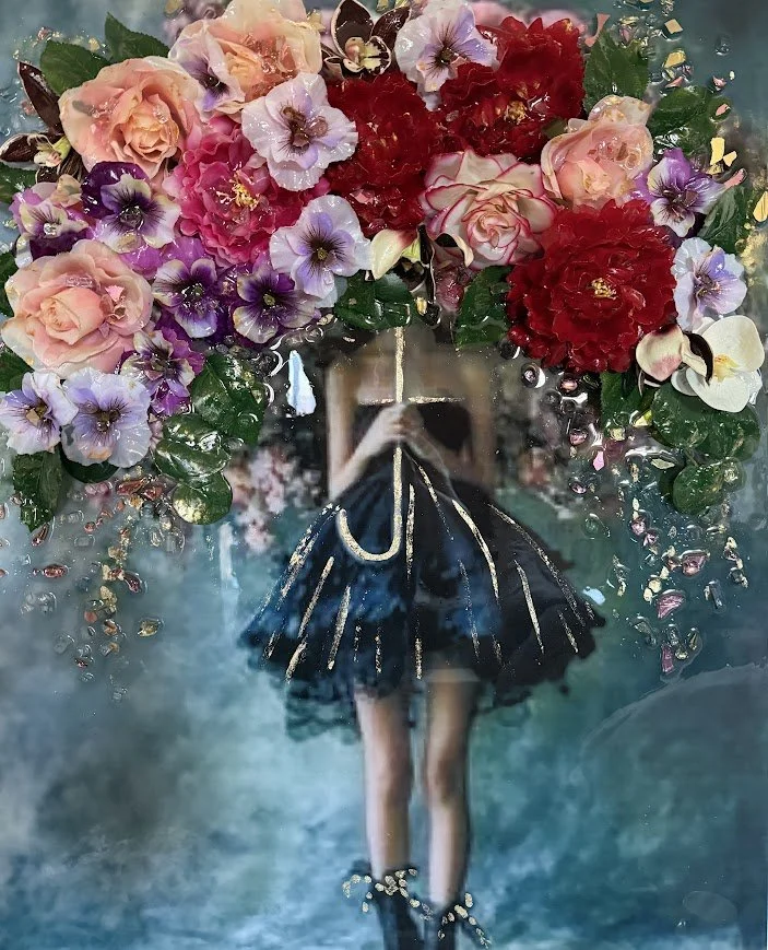 Mixed media resin painting " Umbrella of Blossoms "23 1/2 x 30