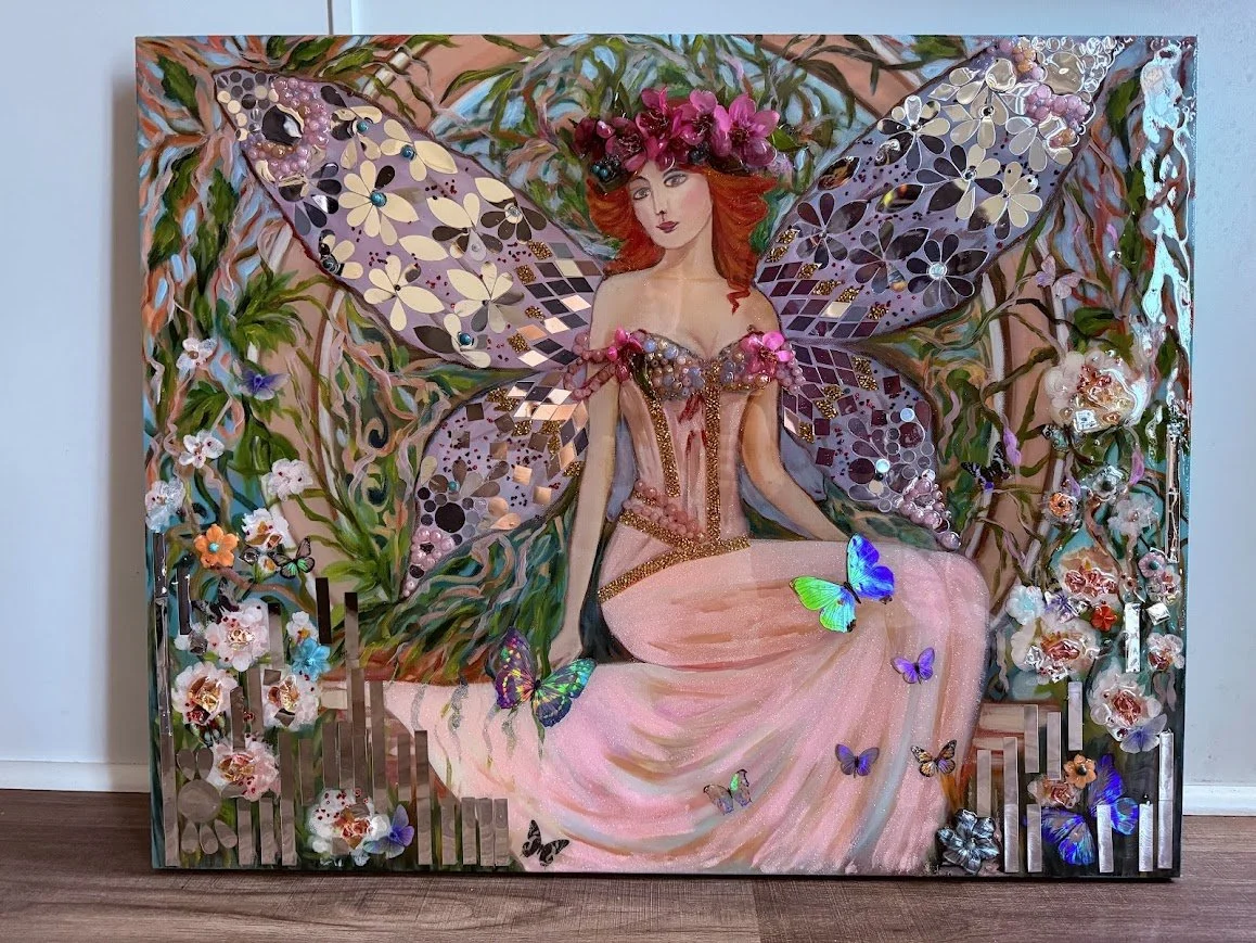 Oil resin mirror mosaic painting " Butterfly Symphony in Pink" 30x24