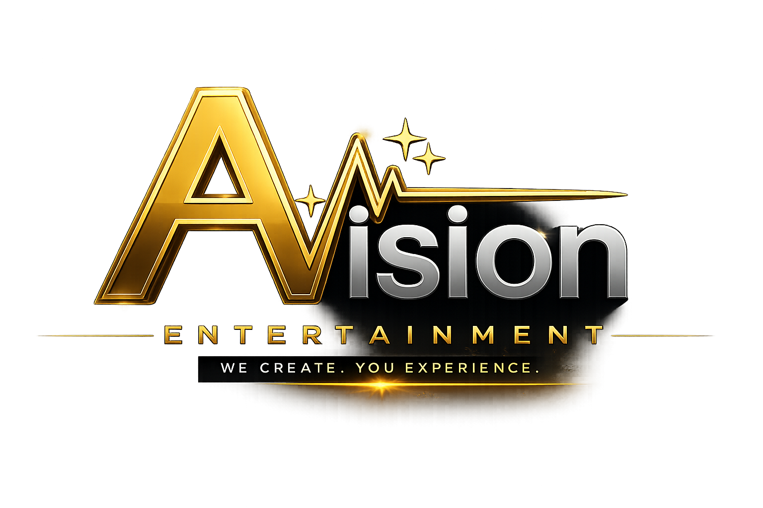 The logo for 'Avision Entertainment' with a large gold 'A' and a line with stars, the word 'vision' in silver and black, 'ENTERTAINMENT' in gold, and the tagline 'WE CREATE. YOU EXPERIENCE.'