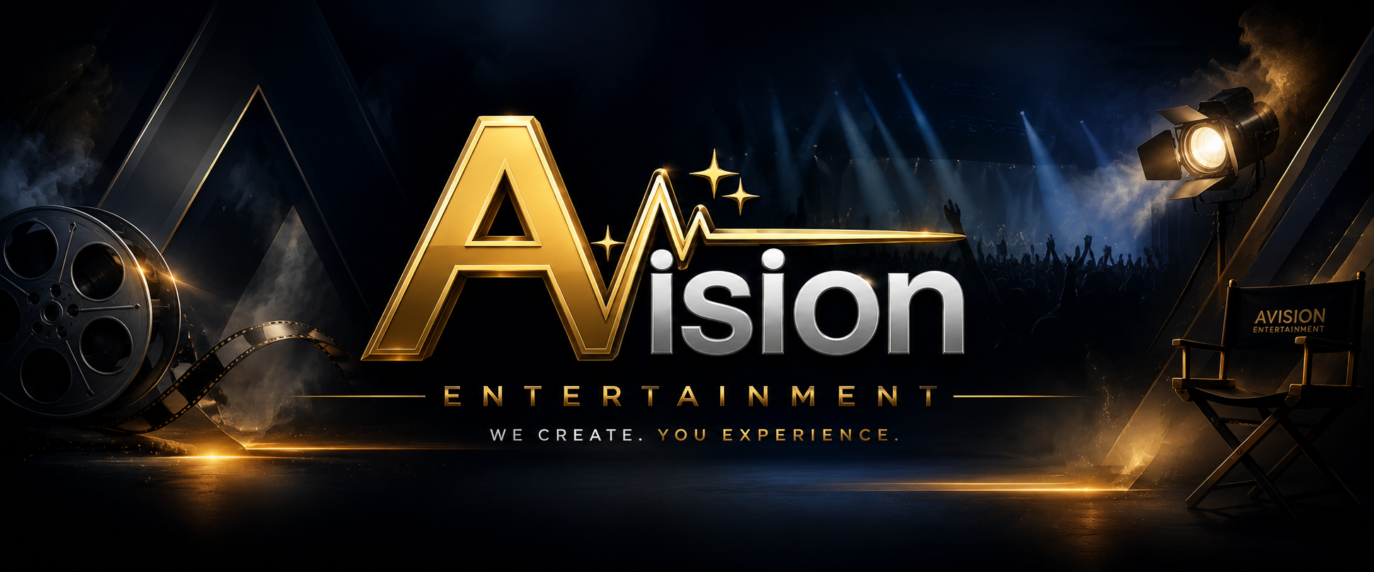 A dark-themed promotional image for Avision Entertainment featuring gold and silver text and graphics. The word "Avision" is prominently displayed with a gold letter 'A', a heartbeat line, and stars. The background shows a concert scene with stage lights, audience silhouettes, film reel, and a director's chair.