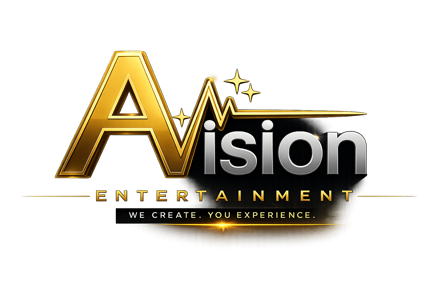 Gold and silver logo for 'Avison Entertainment' with phrase 'We create. You experience.' and a background with a gradient from dark to light.