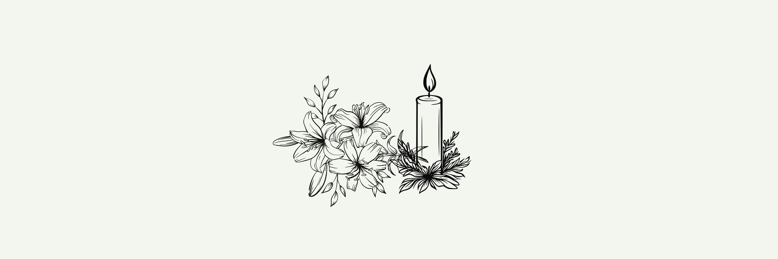 A black and white line drawing of a bouquet of lilies with a lit candle and surrounding foliage.