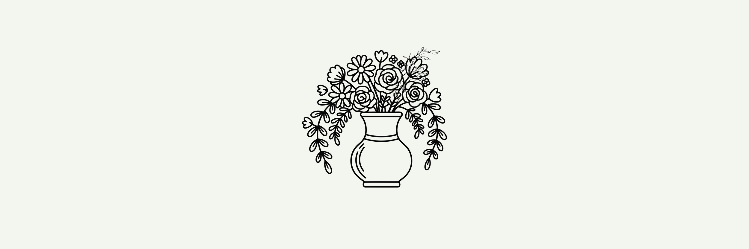 Line drawing of a vase with various flowers arranged in it.