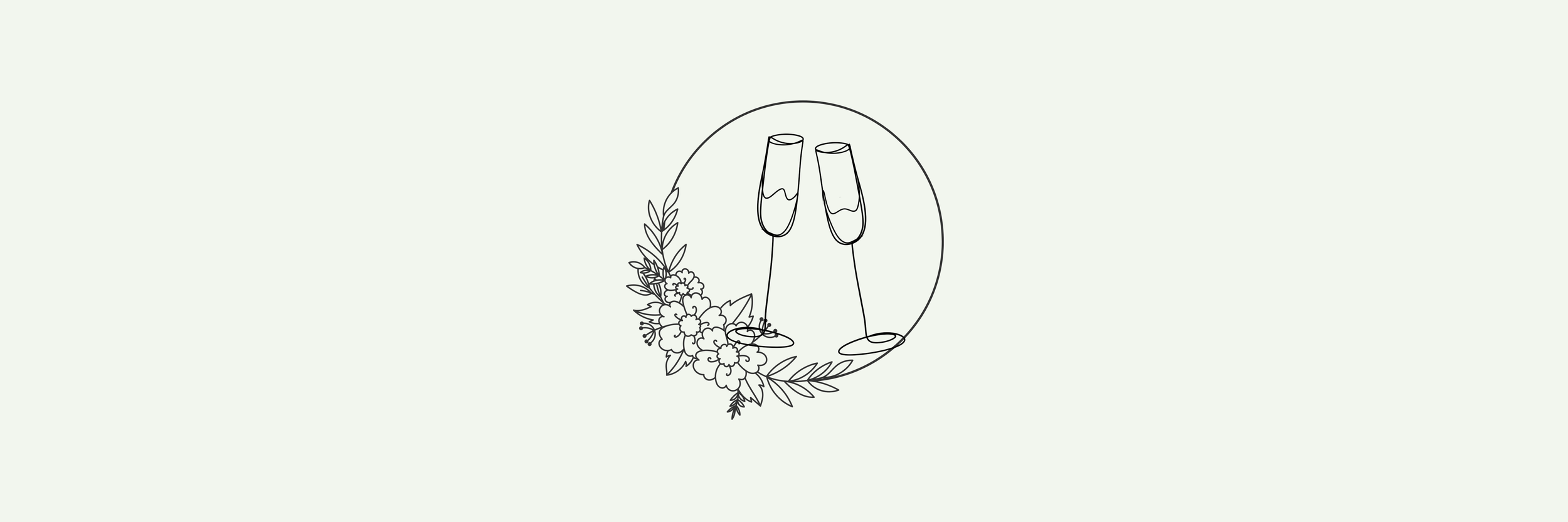 Line drawing of two champagne glasses clinking, surrounded by a floral and leaf design within a circle.