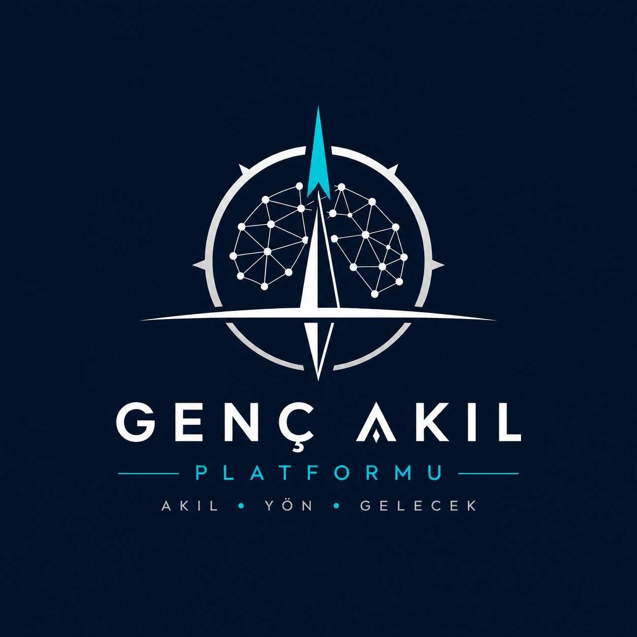 Logo for Genc Akil Platform featuring a compass and brain connections, with Turkish text 'Akıl • Yön • Gelecek' on a dark background.