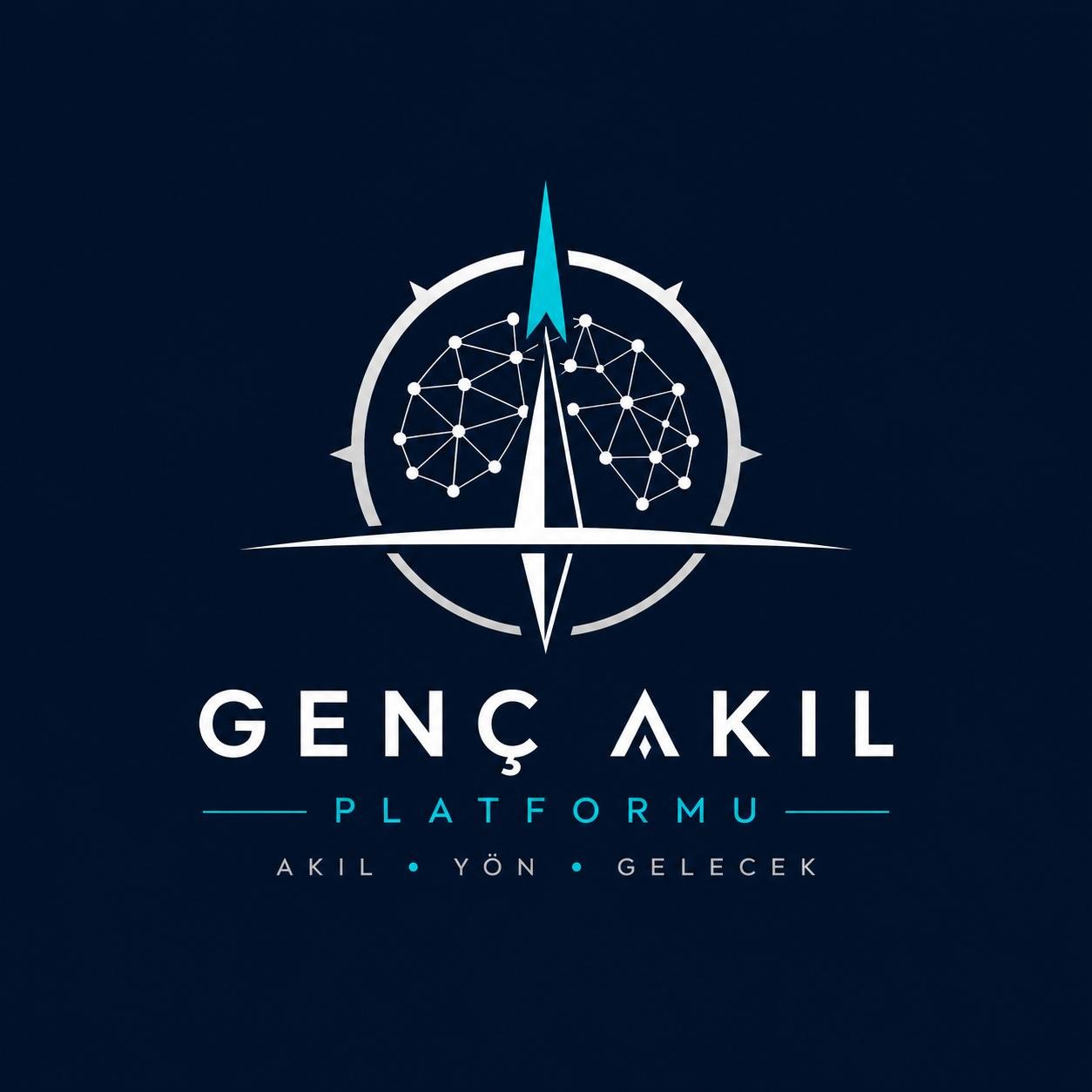 Logo with a stylized compass, neural network graphics, and Turkish text for 'Genç Akil Platformu' with the slogan 'Akıl, Yön, Gelecek'.