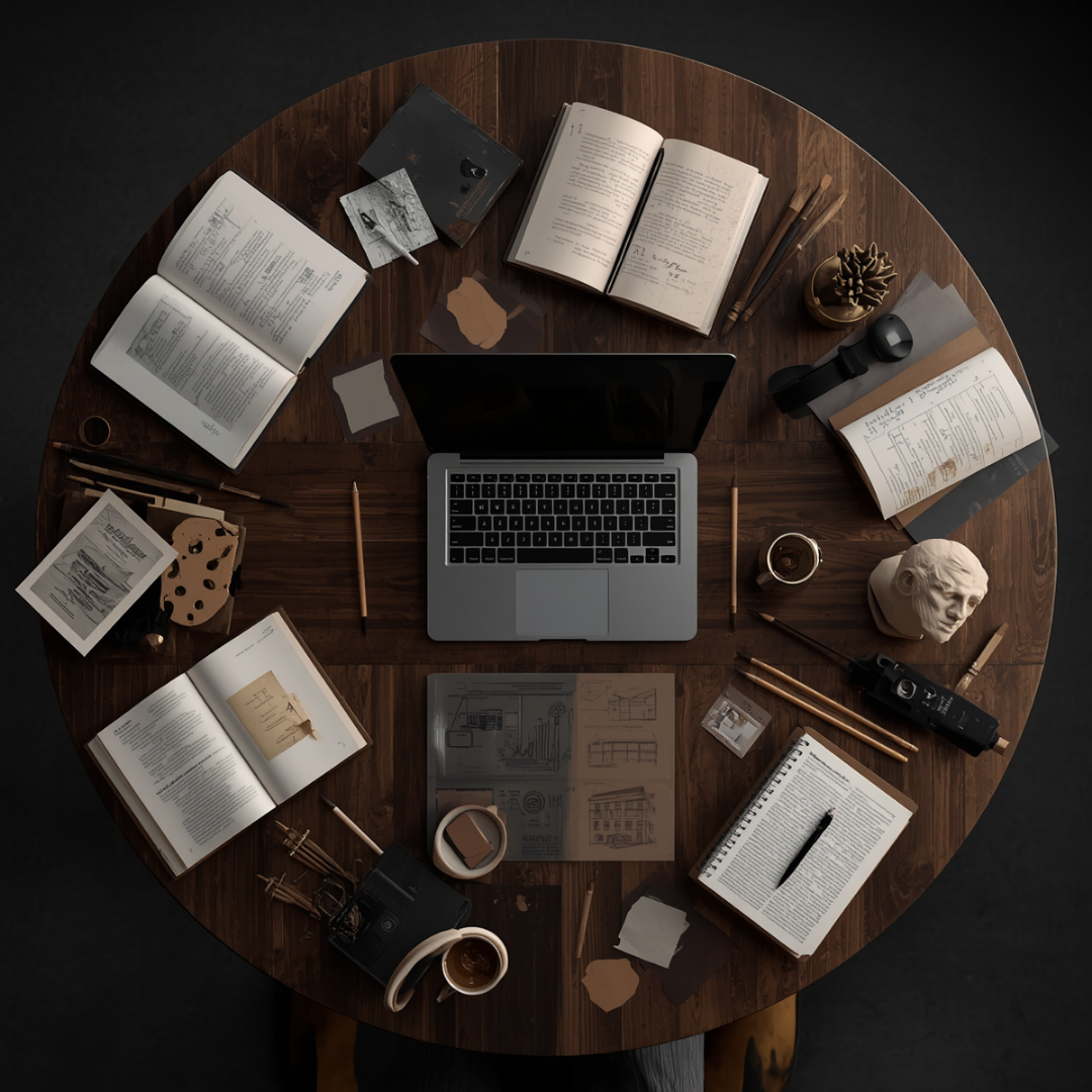 A top-down view of a wooden round table with various open books, a laptop, a camera, a sculpture bust, pens, a cup of coffee, and other office supplies.