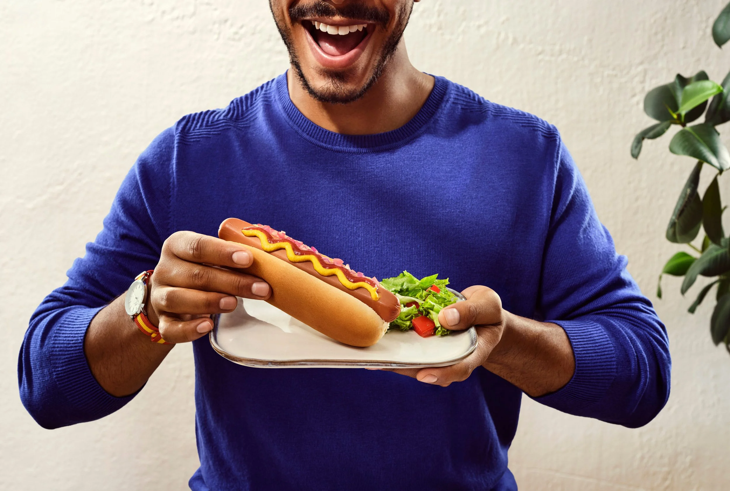 Un homme souriant, portant un pull bleu, tient un hot-dog avec de la sauce ketchup, moutarde, et de la salade, devant un mur clair et une plante verte à droite.