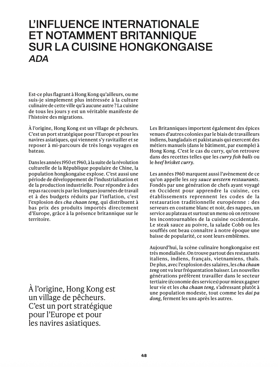 Page d'article avec titre en gras : "L'influence internationale et notamment britannique sur la cuisine hongkongaise". Texte en paragraphes expliquant l'histoire culinaire de Hong Kong, ses influences britanniques, et la diversité de sa scène gastronomique moderne.