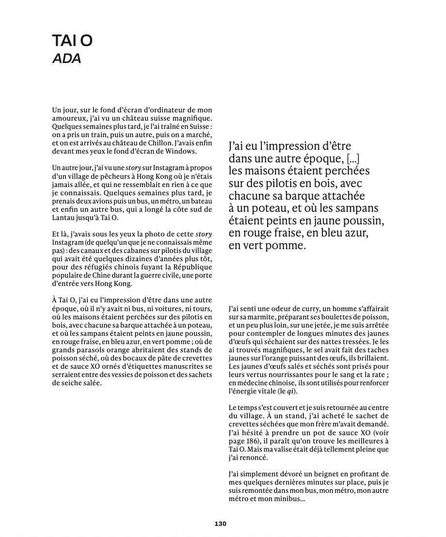 Une page de livre avec un texte en français, titre 'TAI O' et sous-titre 'ADA', contenant une narration personnelle sur un voyage à Chillon, Hong Kong, et d'autres souvenirs liés à la Chine et à l'Île TAI O.