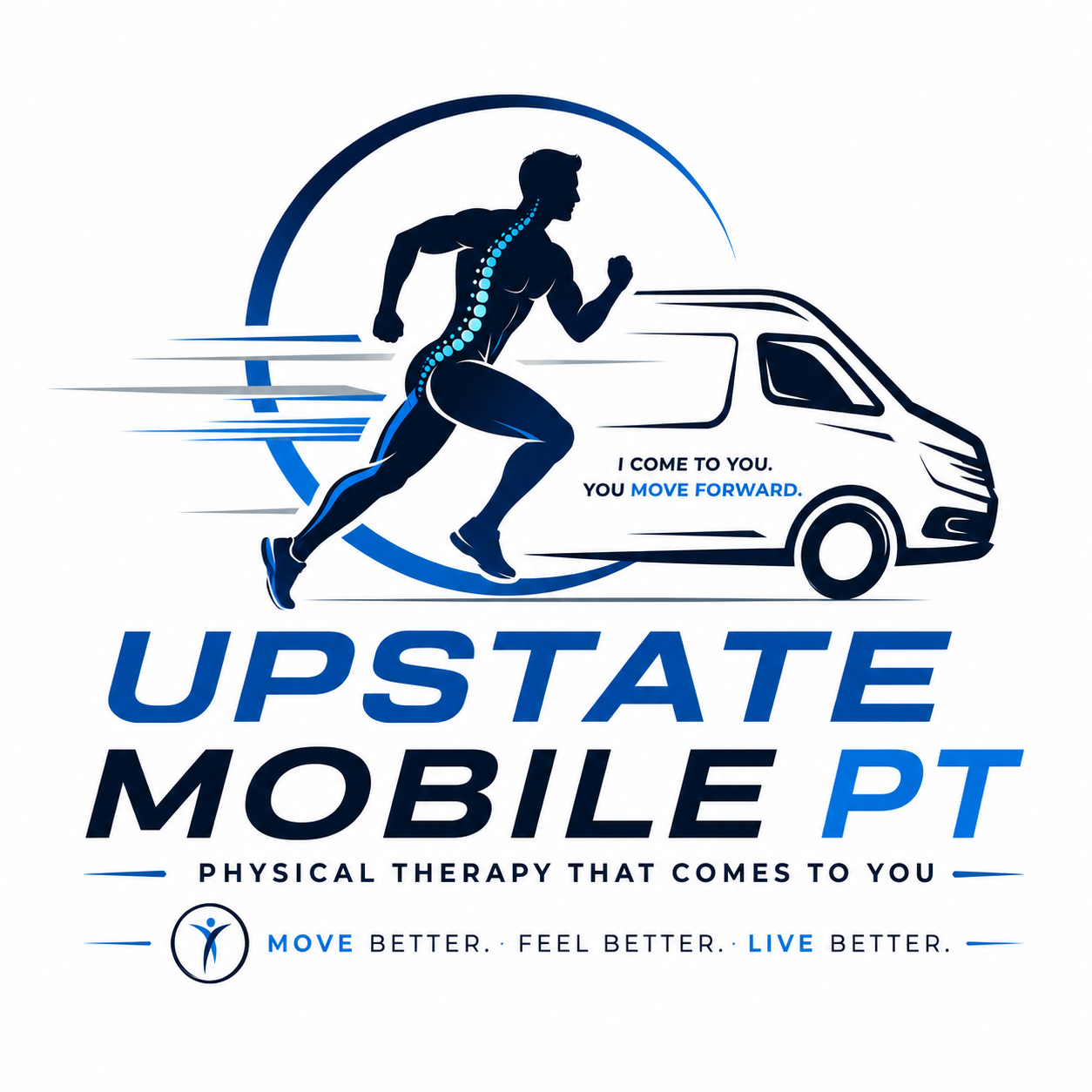 Logo for Upstate Mobile PT featuring a silhouette of a person running with a blue dotted spine, a moving van, and the slogan 'Physical therapy that comes to you. Move better. Feel better. Live better.'