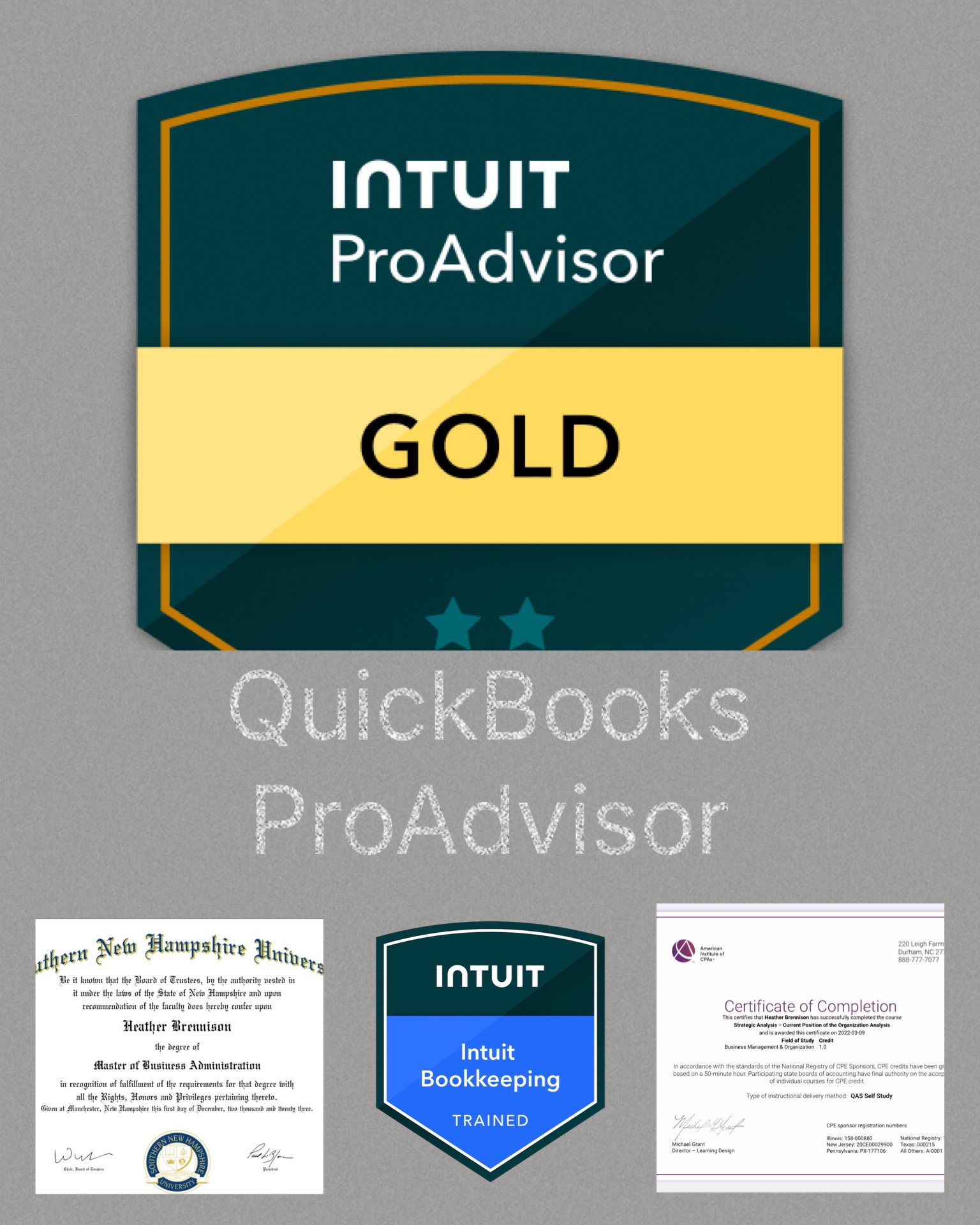 Collection of documents including an Intuit ProAdvisor Gold certificate, a Western New Hampshire University degree, and other certificates and awards related to bookkeeping training.
