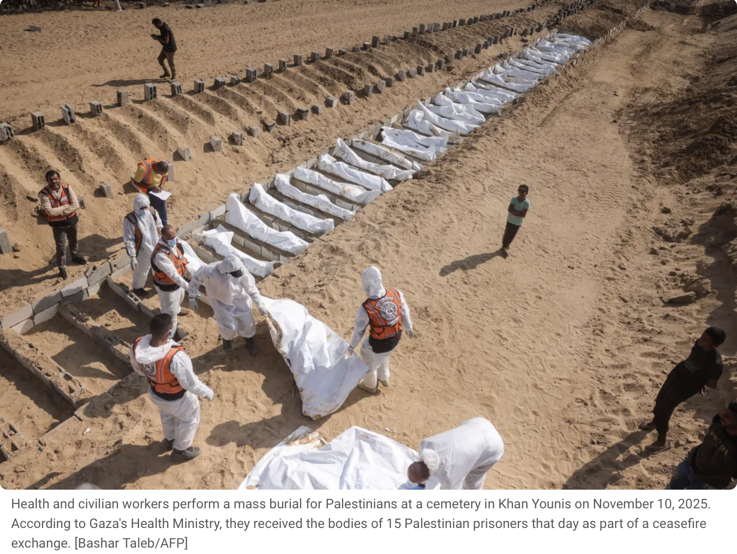 Health and civilian workers perform a mass burial for Palestinians at a cemetery in Khan Younis on November 10, 2025, with bodies being wrapped in white shrouds, and some workers are wearing protective suits and vests, while others are dressed in civ