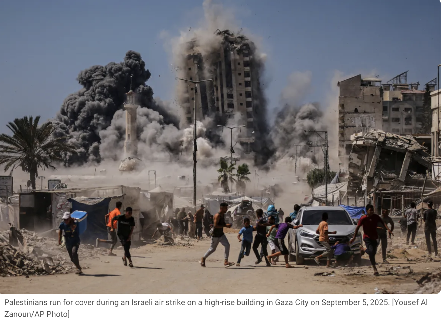 Palestinians running for cover amid an explosion and collapsing building after an Israeli air strike in Gaza City, September 5, 2025.
