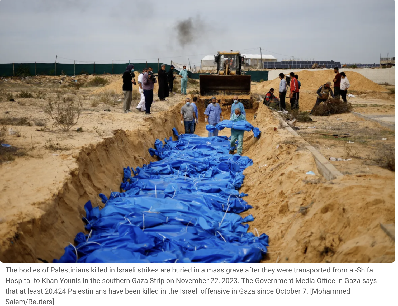 Burial of Palestinian victims in a mass grave on the Gaza Strip, with dozens of bodies covered in blue body bags, surrounded by workers, medical personnel, and onlookers.