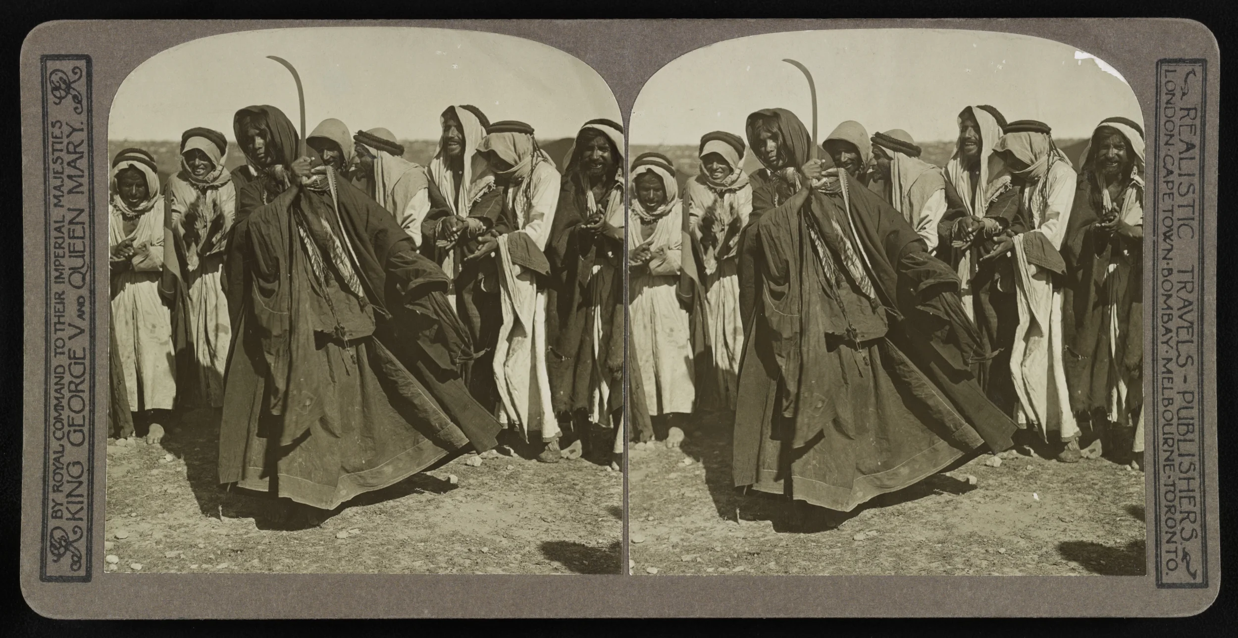 A vintage black-and-white photograph of a group of men in traditional Middle Eastern or North African attire, standing outdoors in a line, smiling and looking at the camera. The photograph appears to be in a stereoscopic format, with two nearly ident