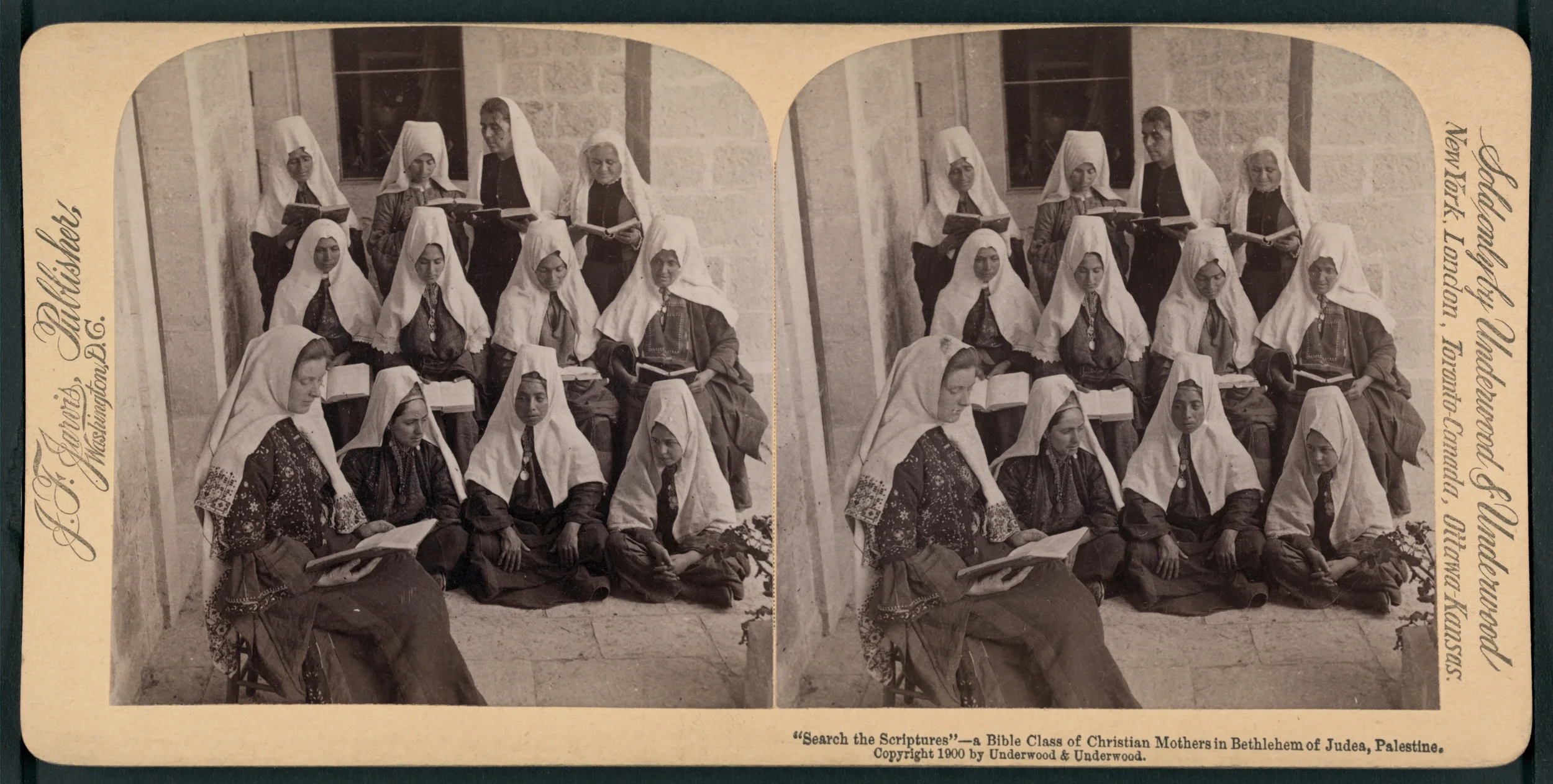 A sepia-toned vintage photograph showing a Bible class of Christian mothers in Bethlehem of Judea, Palestine, with women sitting and standing outside a stone building, holding books or reading, wearing traditional clothing and head coverings.