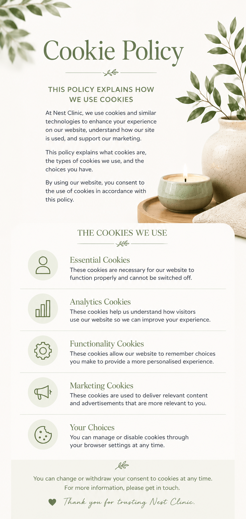 A privacy policy document titled 'Cookie Policy' from Nest Clinic with decorative green leaves, a candle, and a vase on the side.