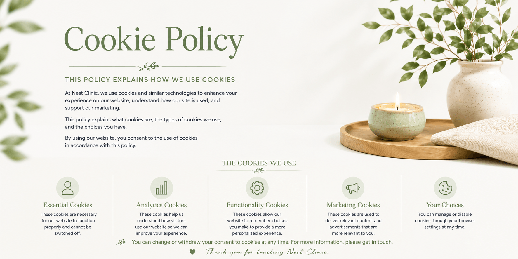 A webpage displaying the cookie policy for Nest Clinic, featuring a minimalist design with green text, icons for different cookie types, a potted plant, a lit candle, and a folded cloth on a wooden tray.