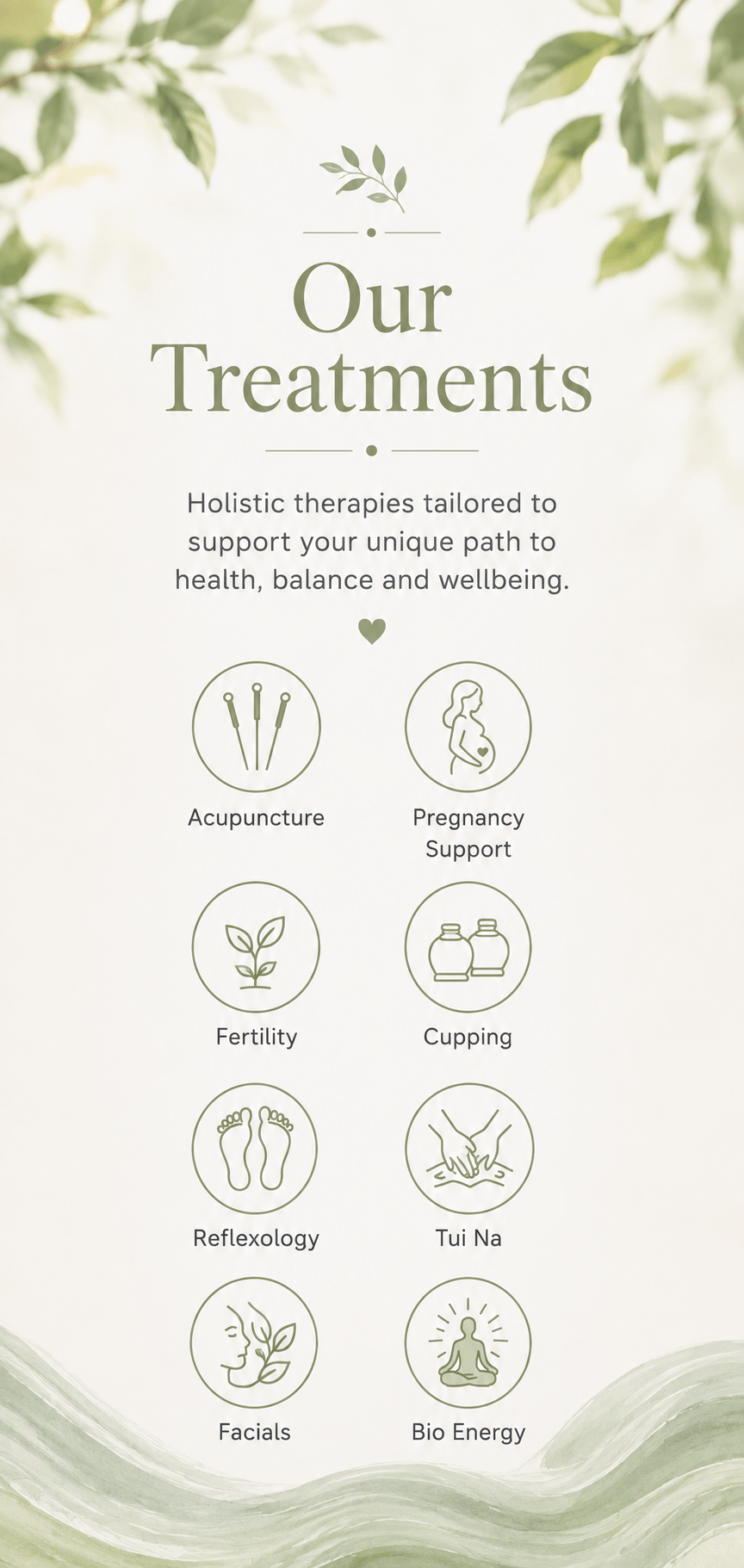 Nest Clinic menu listing holistic therapies: acupuncture, pregnancy support, fertility, cupping, reflexology, Tui Na, facials, and bio energy.